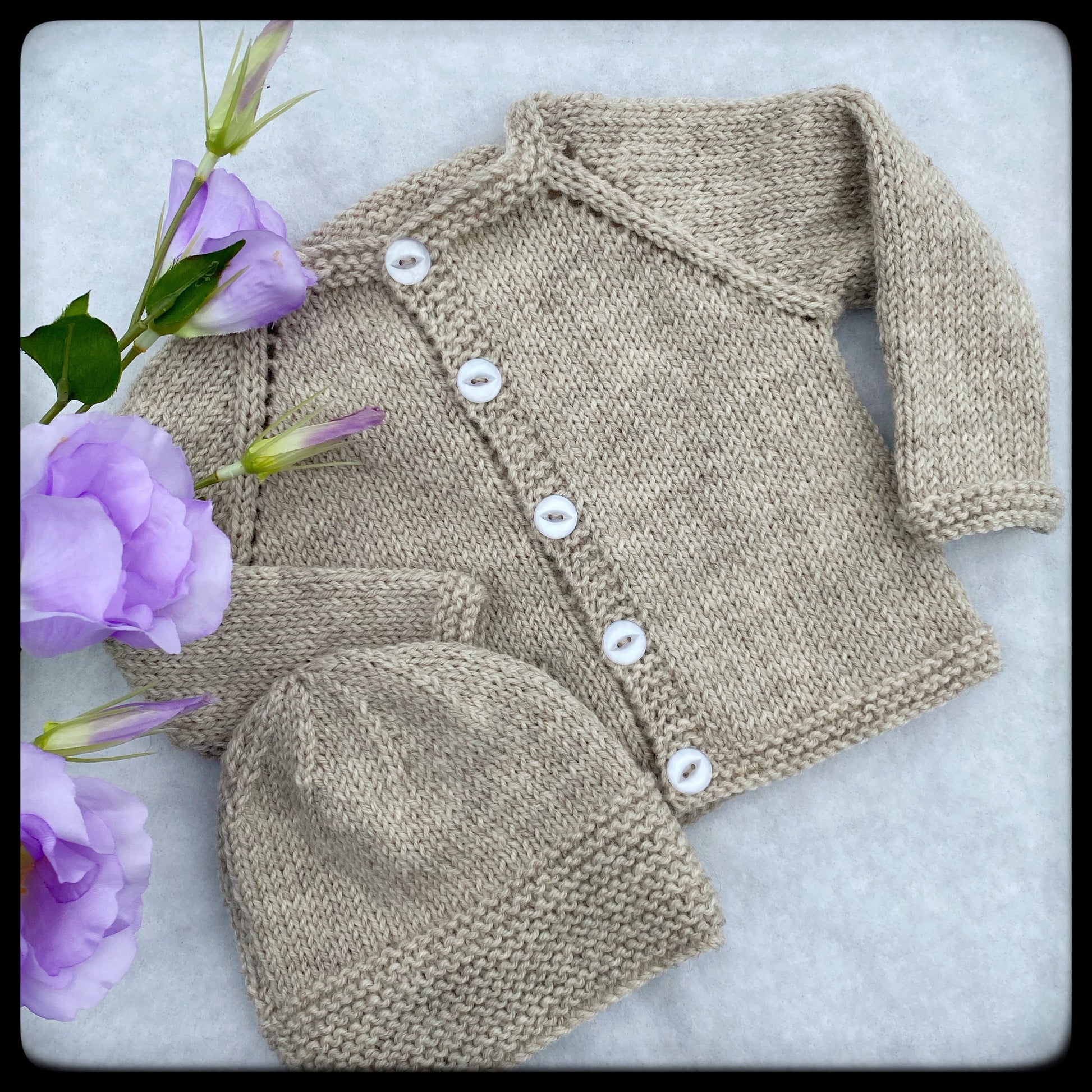 "Parker" eyelet sleeve baby cardigan and beanie set - Nana Anna NZ