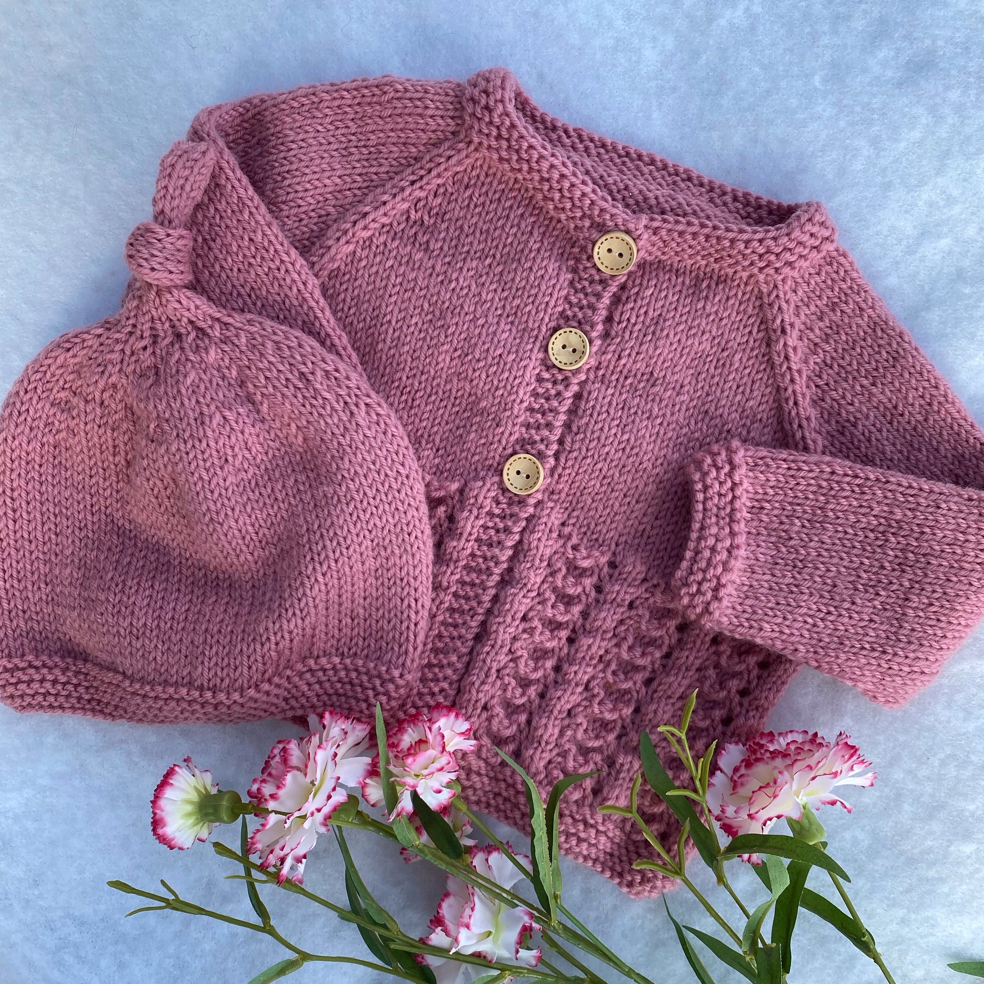 Little Jo hand knit merino baby cardigan and hat set