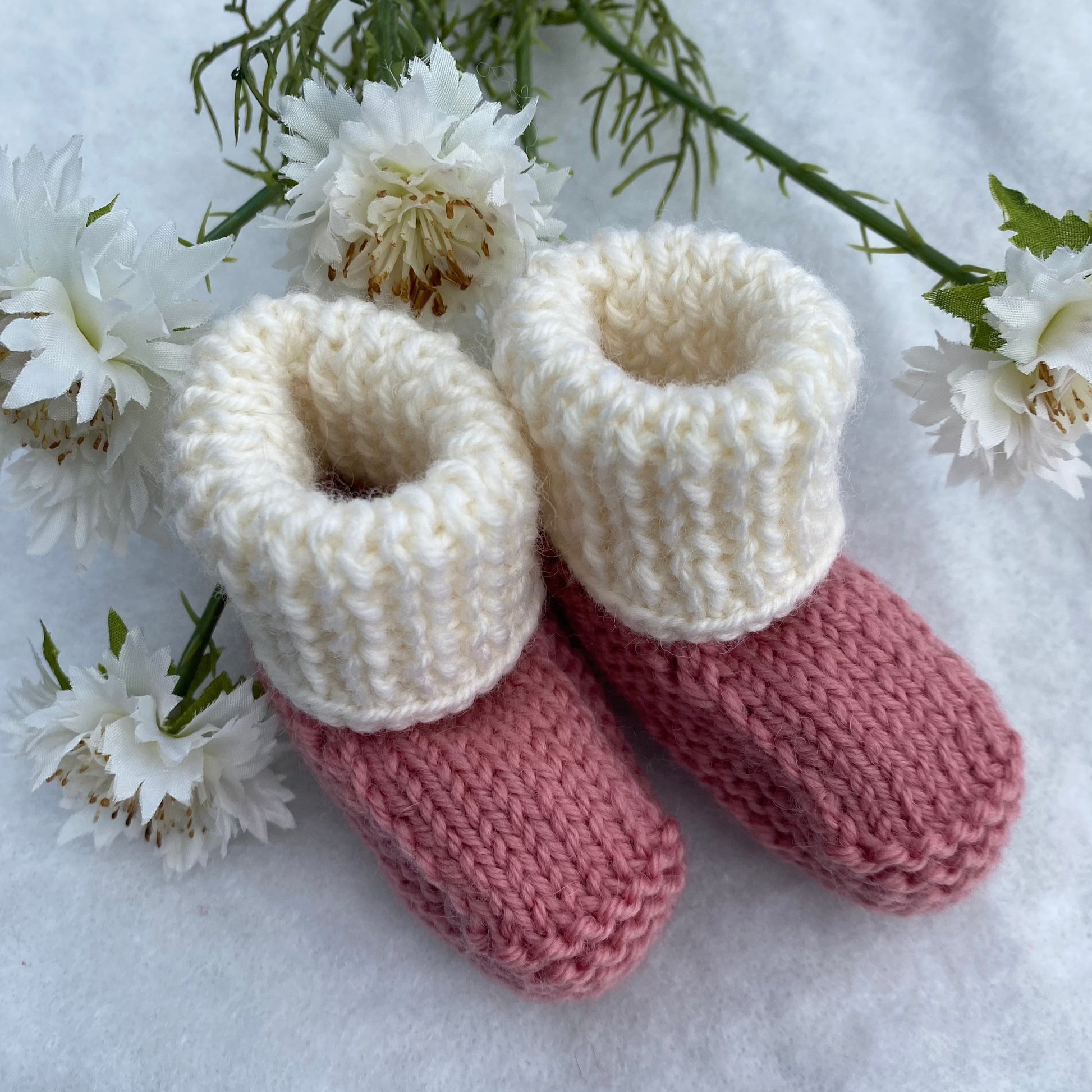 hand knit merino baby booties lovebird pink