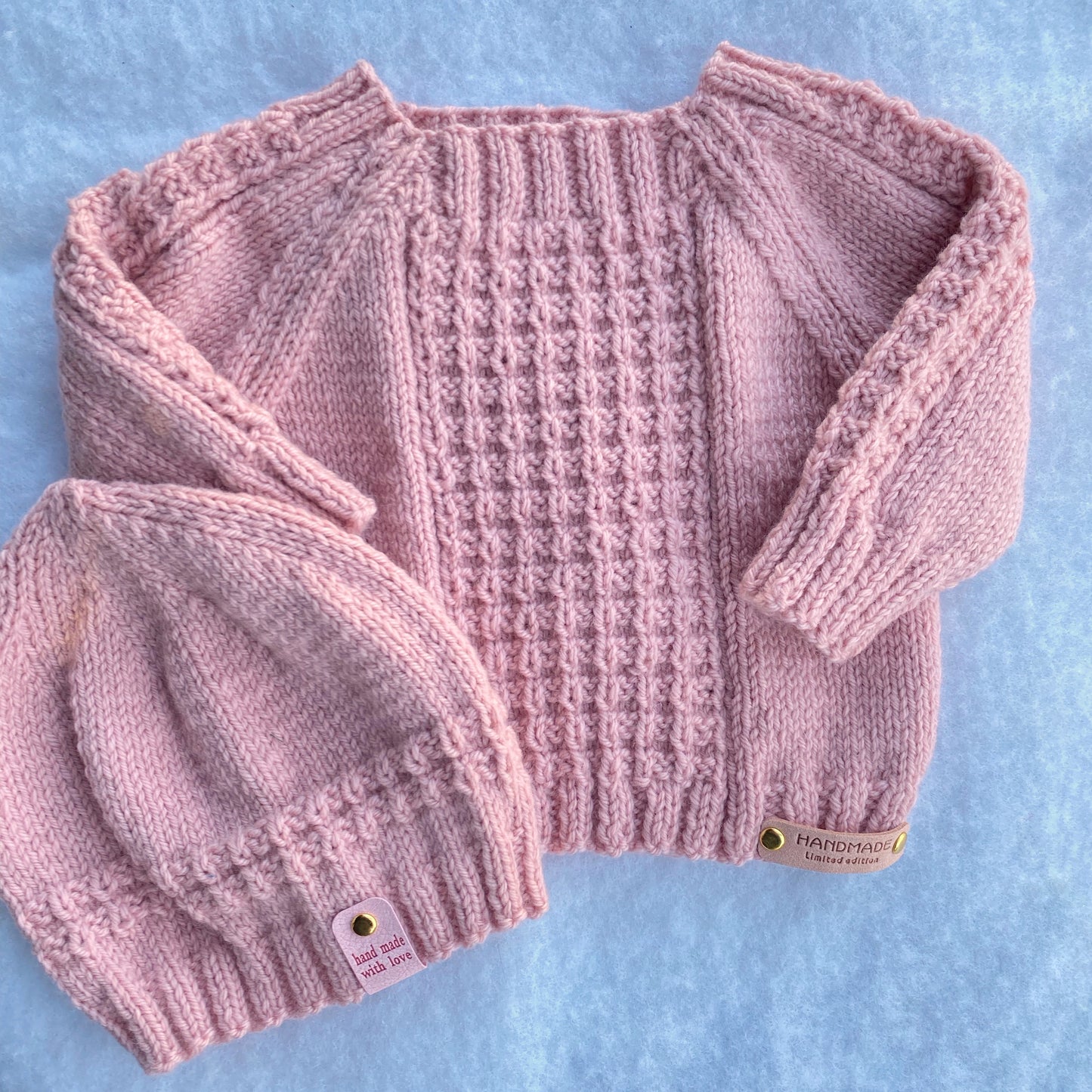 "Angel" hand knit merino baby sweater and hat set (6-9m)