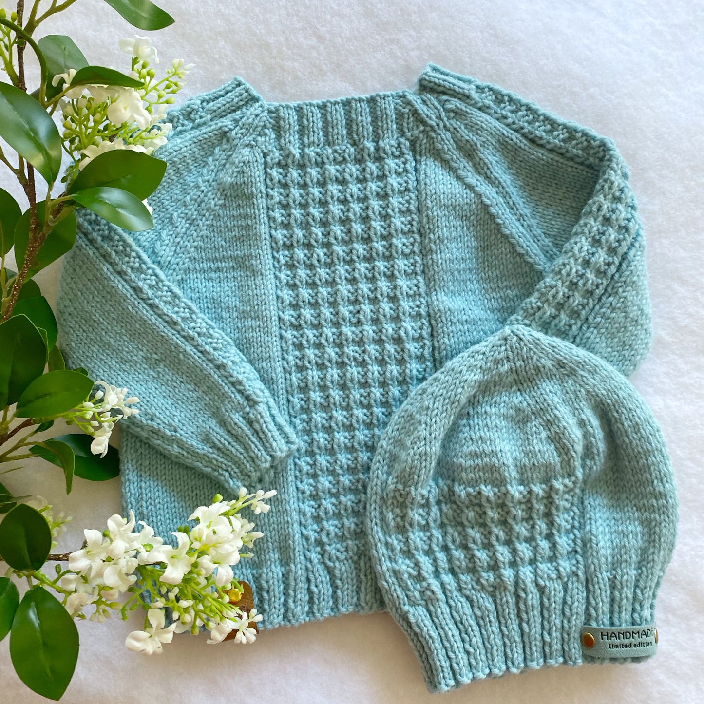 "Angel" hand knit merino baby sweater and hat set (6-9m)