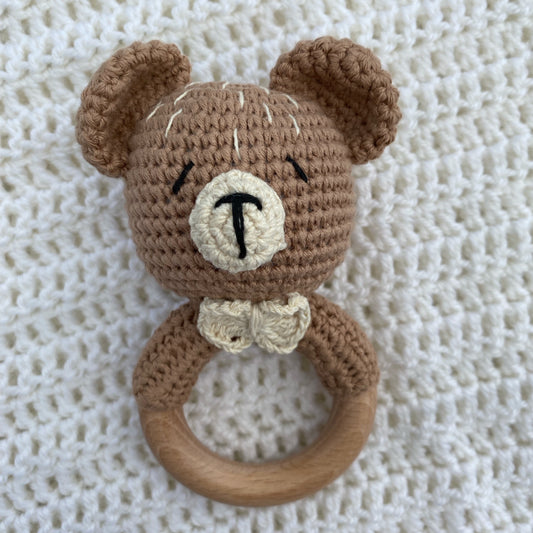 Crochet Bear Wooden Baby Rattle