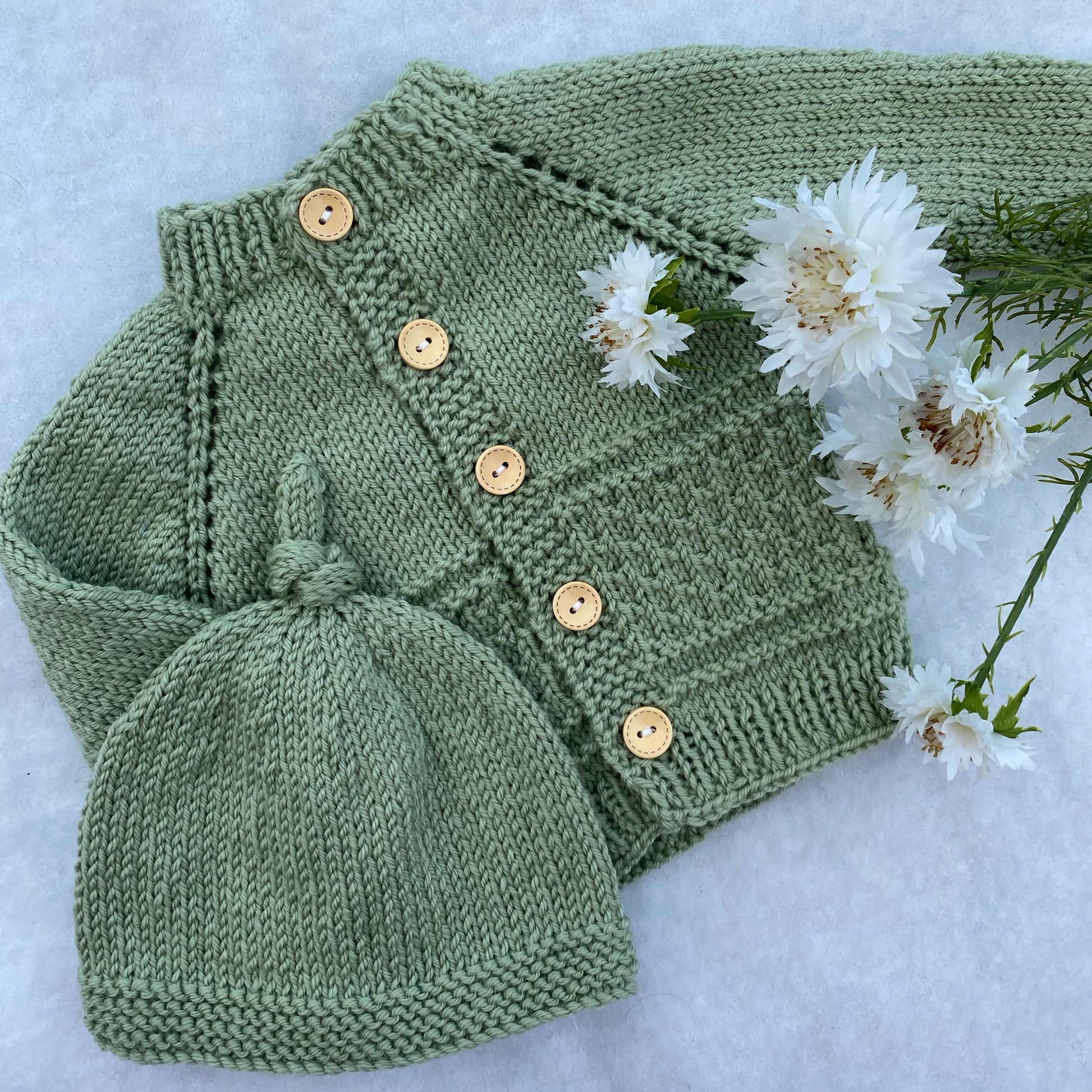 "Kinzie" patterned merino baby cardigan & hat set - Nana Anna NZ