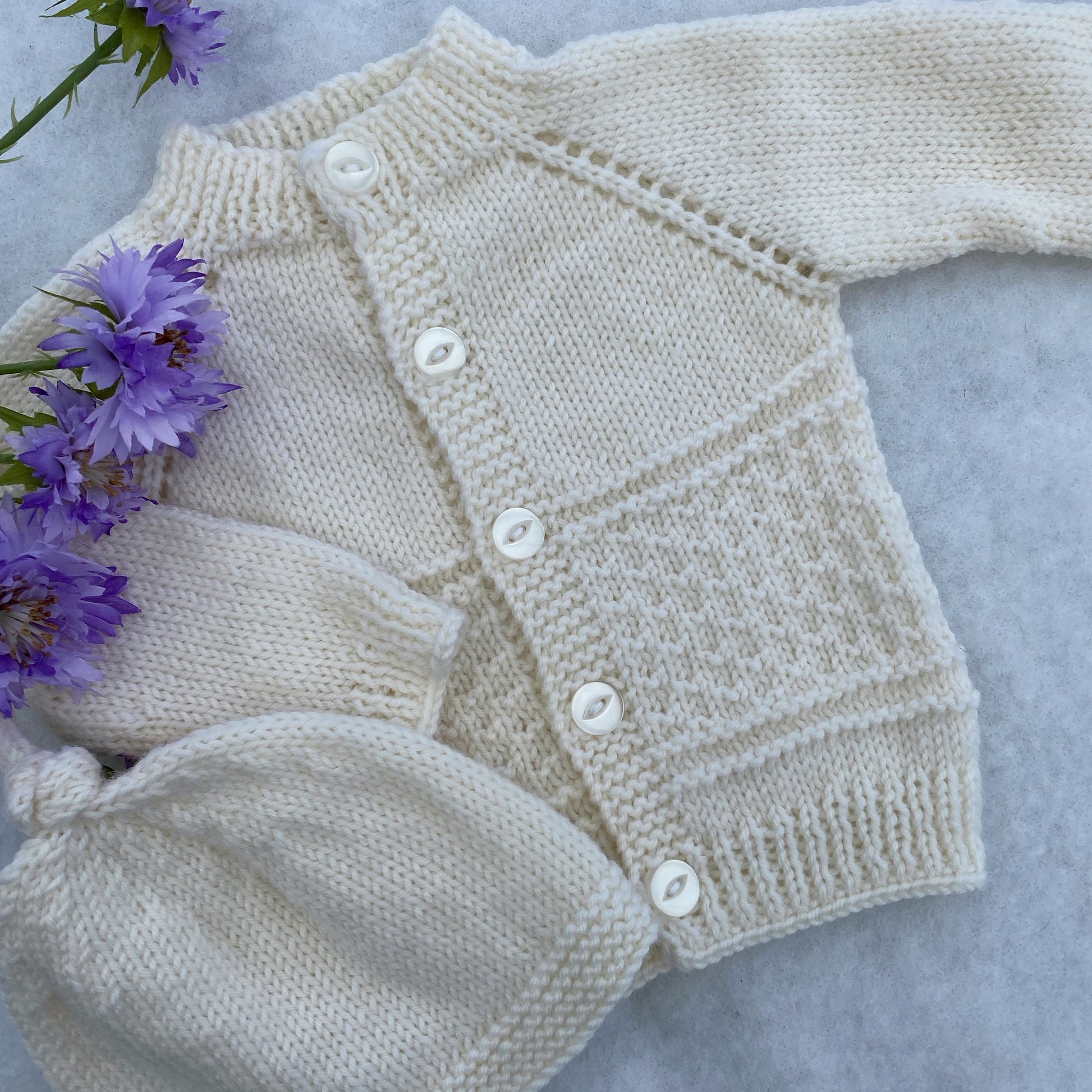 "Kinzie" patterned merino baby cardigan & hat set - Nana Anna NZ