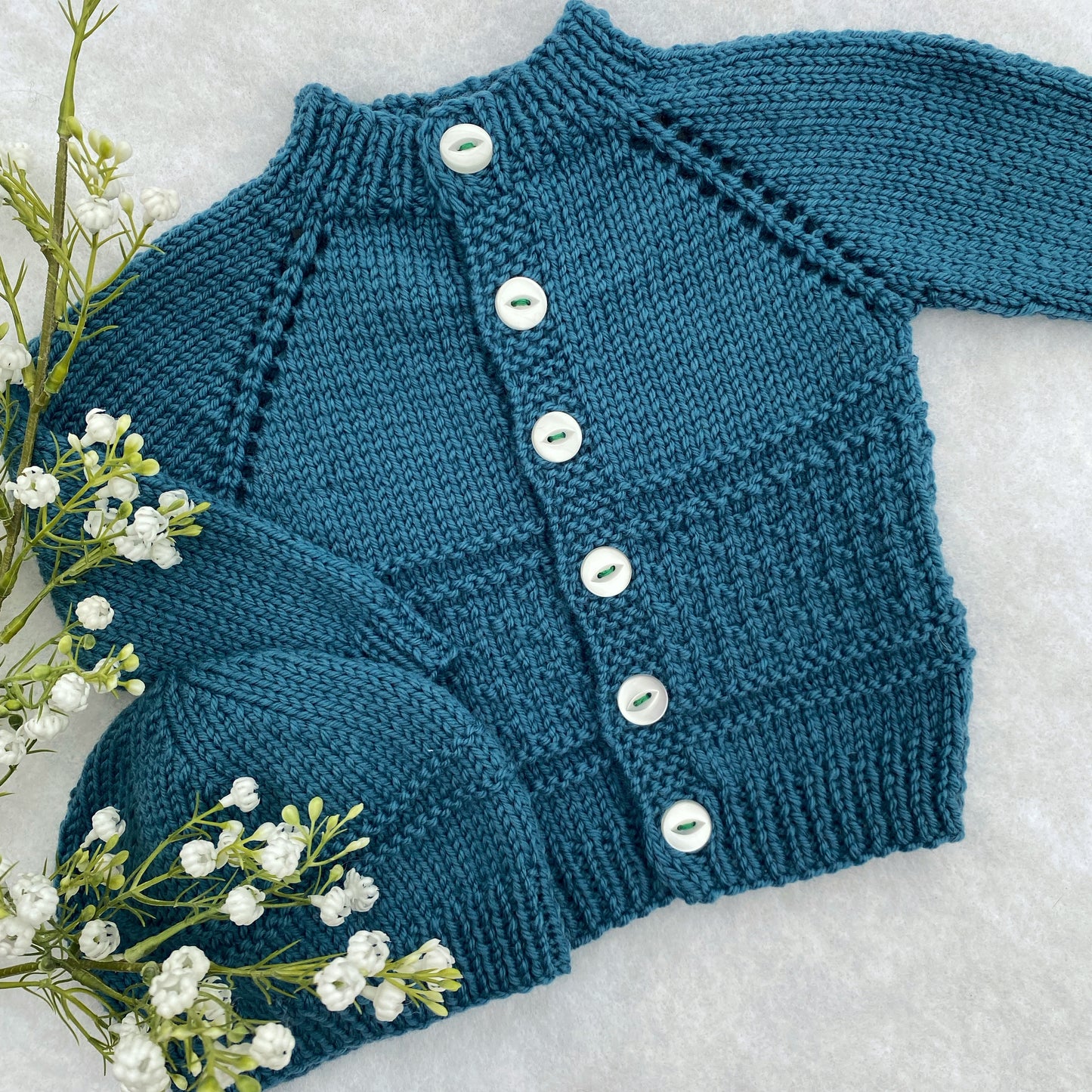 "Kinzie" patterned merino baby cardigan & hat set