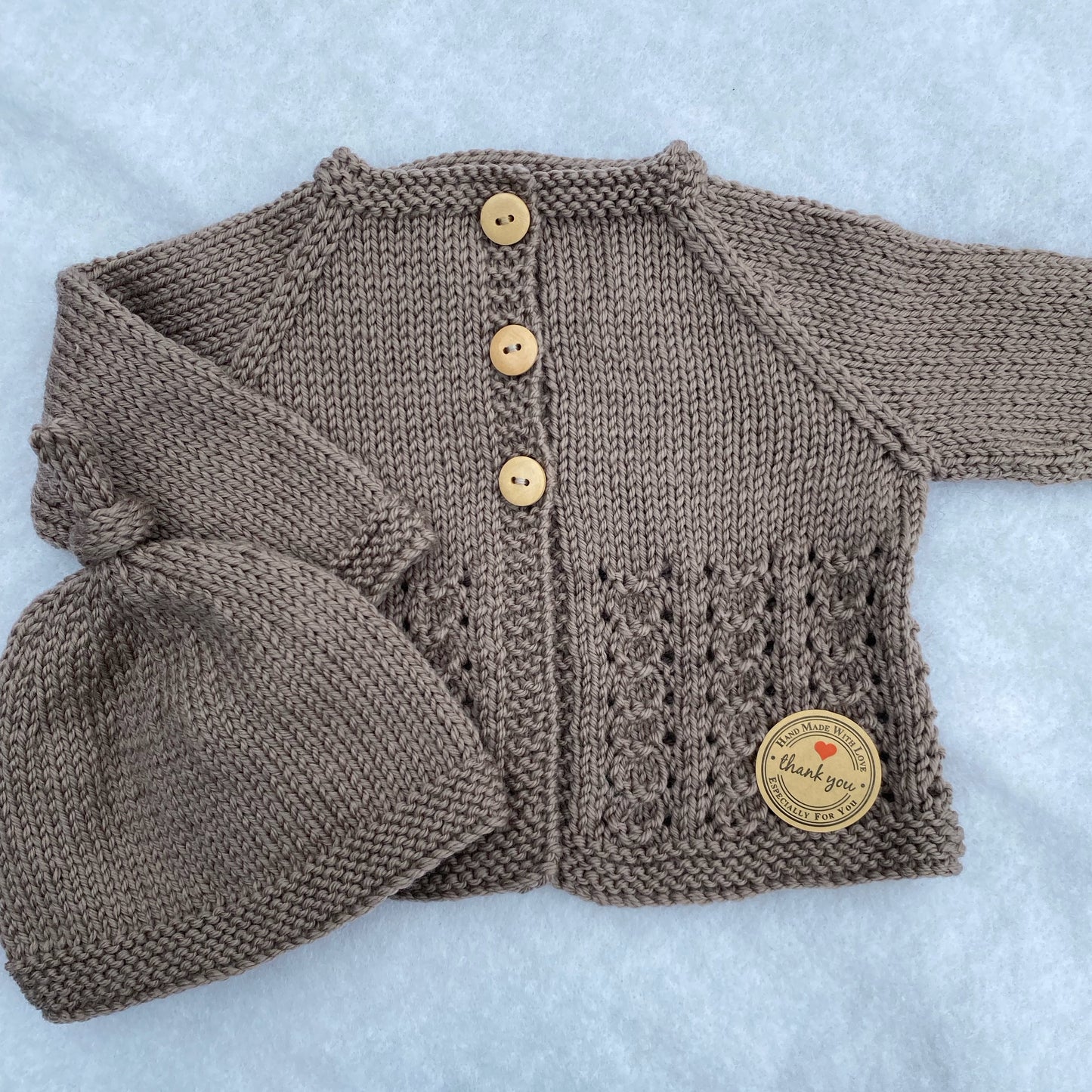 "Little Jo" hand knit merino cardigan and hat set