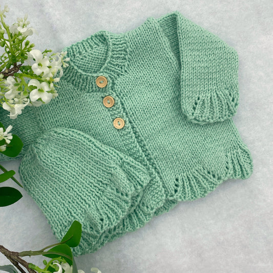 "Poppy" hand knit merino baby cardigan & hat set