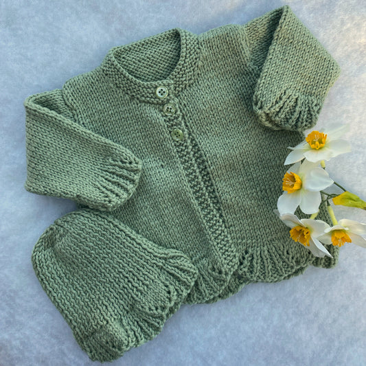 "Poppy" hand knit merino baby cardigan & hat set (0-3m)