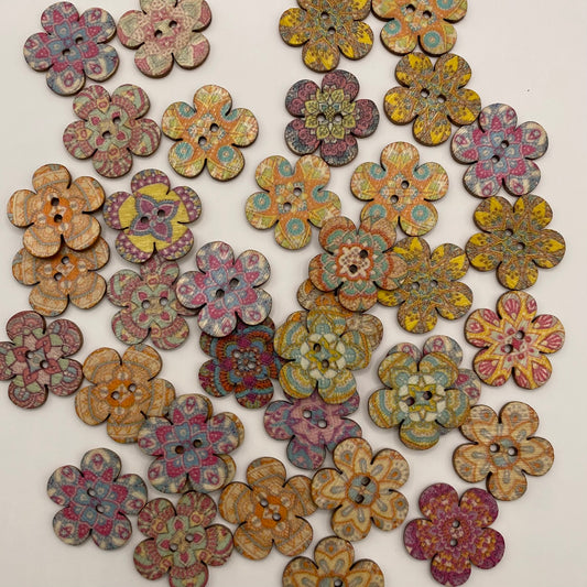 "Steampunk" flowers wooden buttons - pack of 25 - Nana Anna NZ