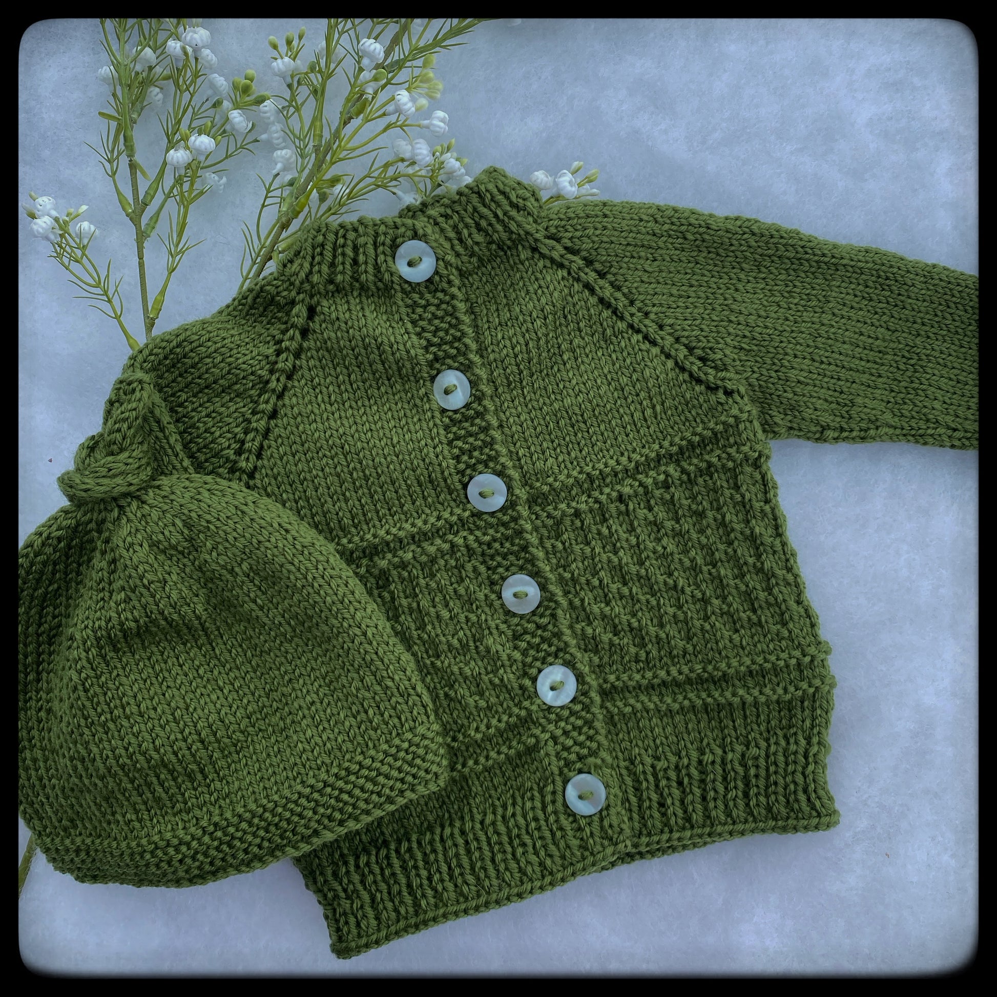 "Kinzie" patterned wool or merino baby cardigan & hat set - Nana Anna NZ